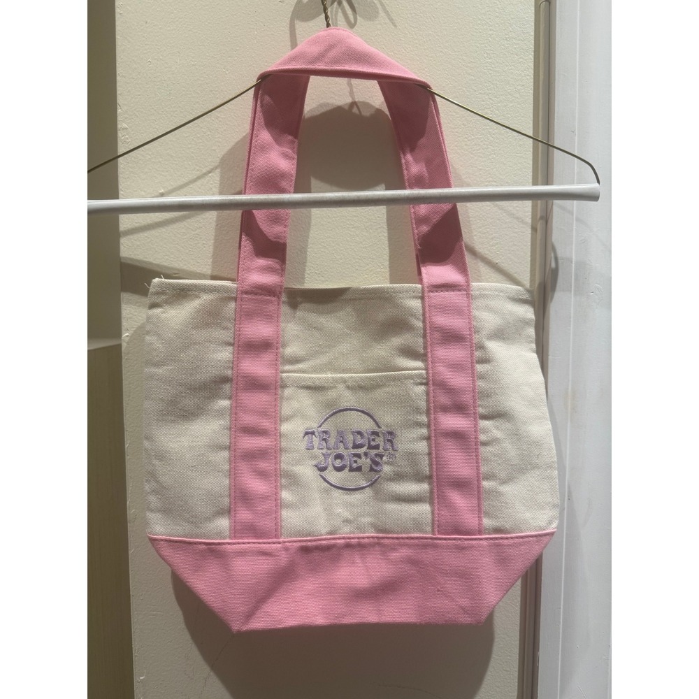 Trader Joes Mini Pastel Canvas Tote Bag Pink Cream Limited Edition NWT